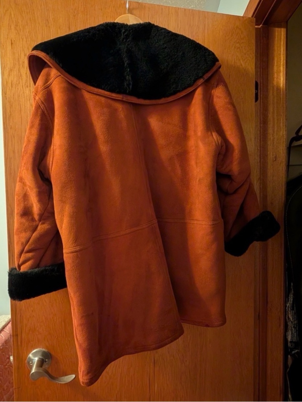 Women's Rust Shearling Hooded Coat with Black Fur Trim - Picture 2 of 5
